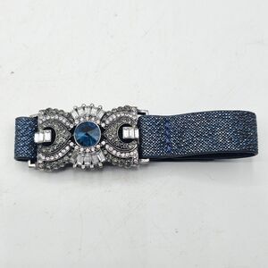 Vintage Yik Fung Leather Rhinestone Bracelet Blue & Silver